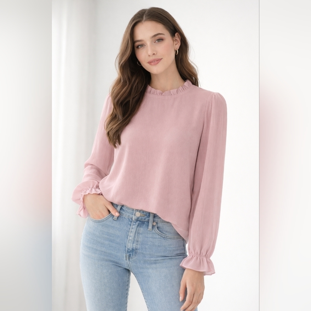 AIFER Dusty Pink Ruffle Neck Long Sleeve Blouse Back Keyhole